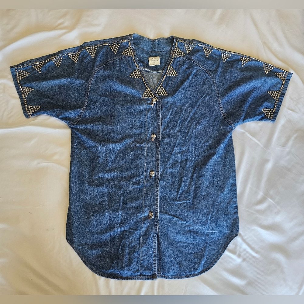 Vintage Western Cotton Fashion M Womens Denim Metal Beaded Buffalo Native oversi